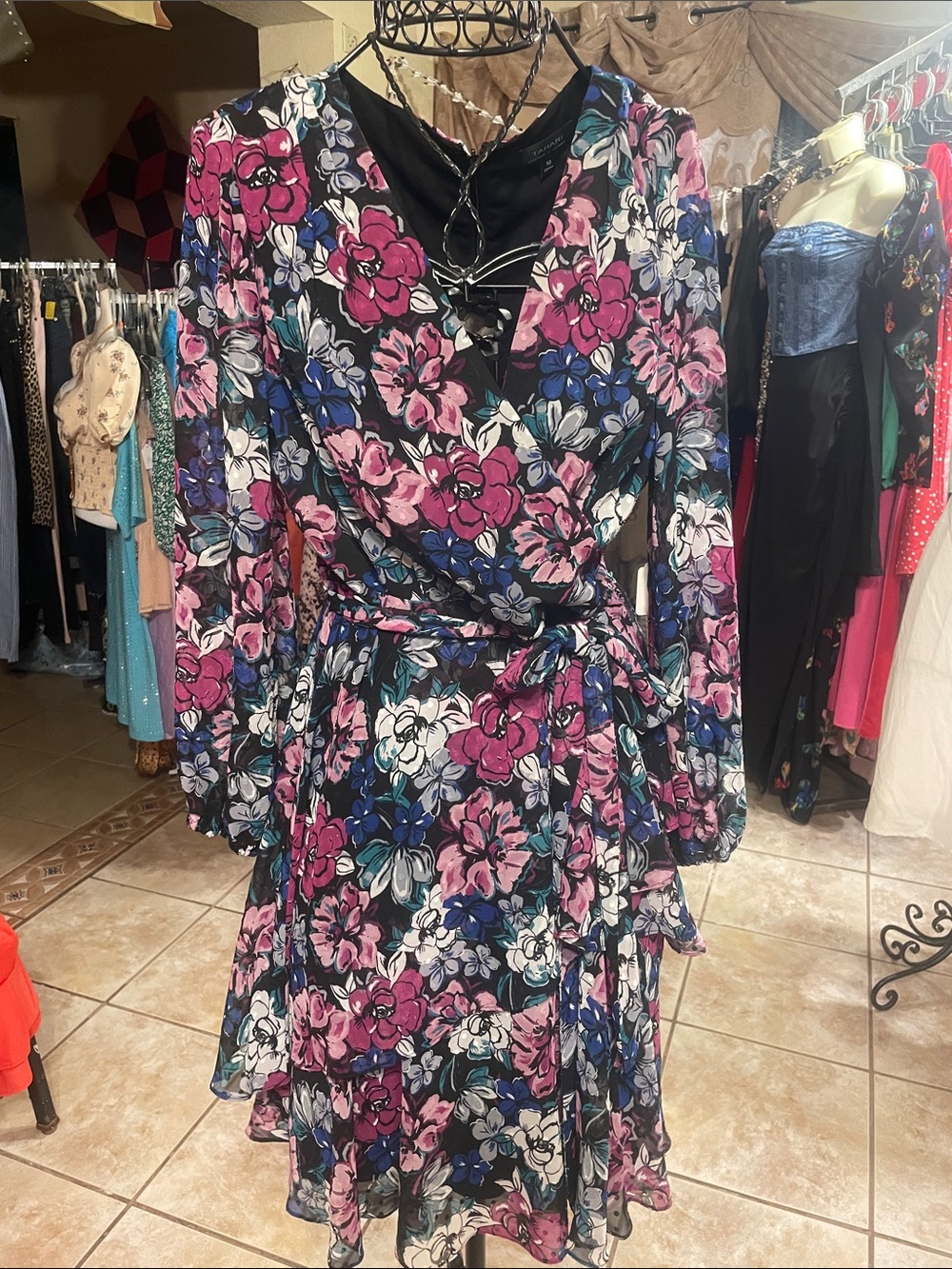 Floral Wrap Long-Sleeve Dress in Pink & Blue
